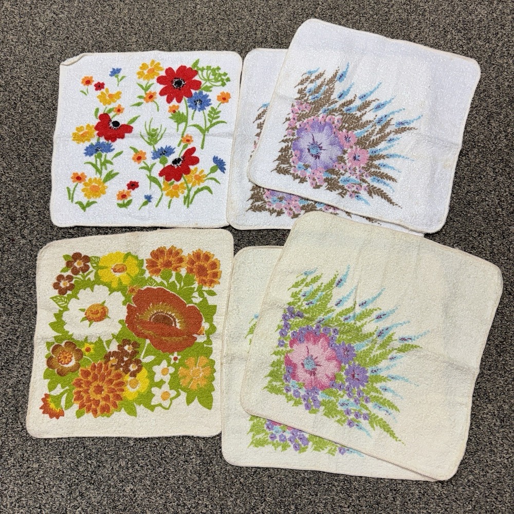 Lot of 6 Vintage Dundee Floral Hand Bath Towels Cotton Terry MCM Retro